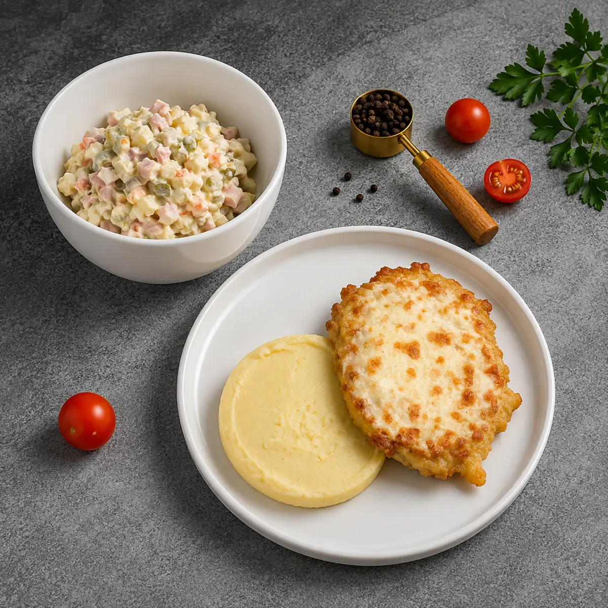 Салат оливье, отбивная с сыром и картофельное пюре