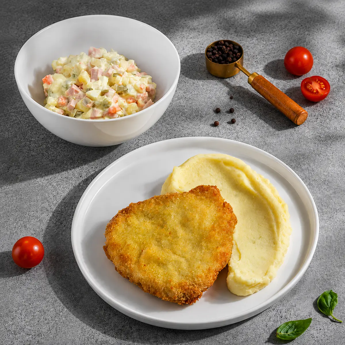 Салат оливье, шницель и картофельное пюре