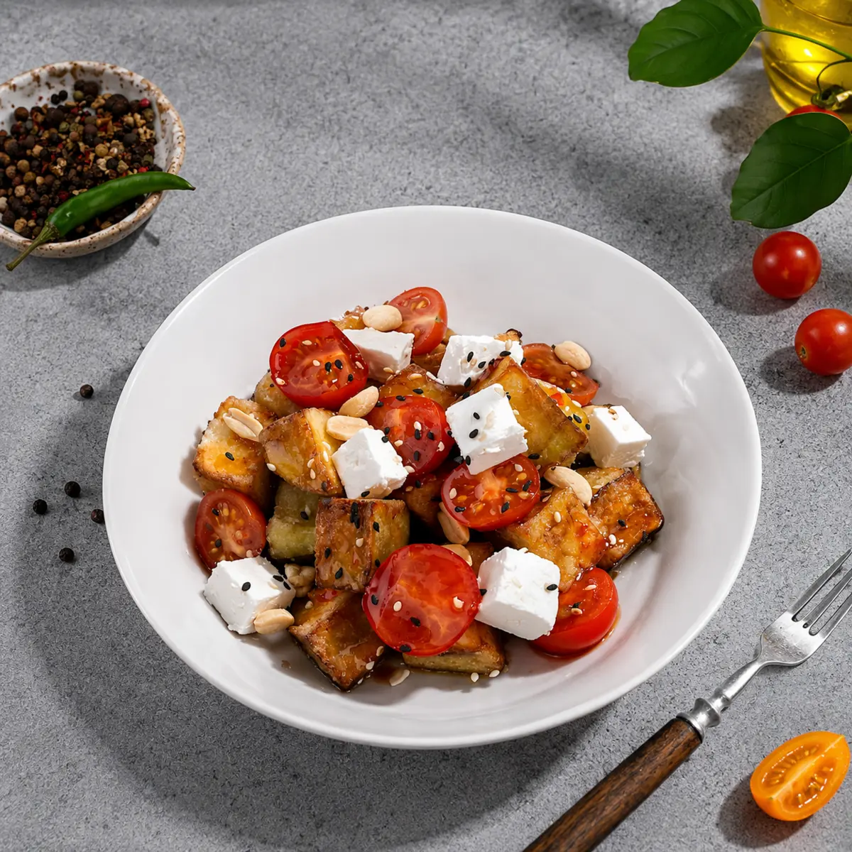 Салат из баклажанов, чери с сыром Фета