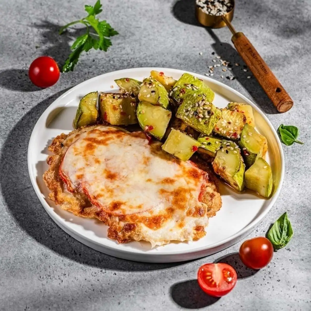 Мясо по-французки и кабачки в соусе чили