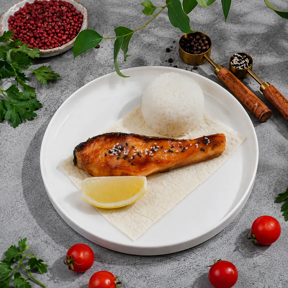 Стейк из семги с соусом терияки и рисом