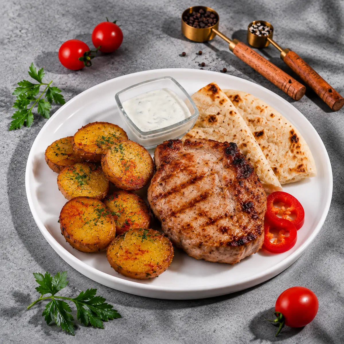 Стейк из свинины с картофельными дольками