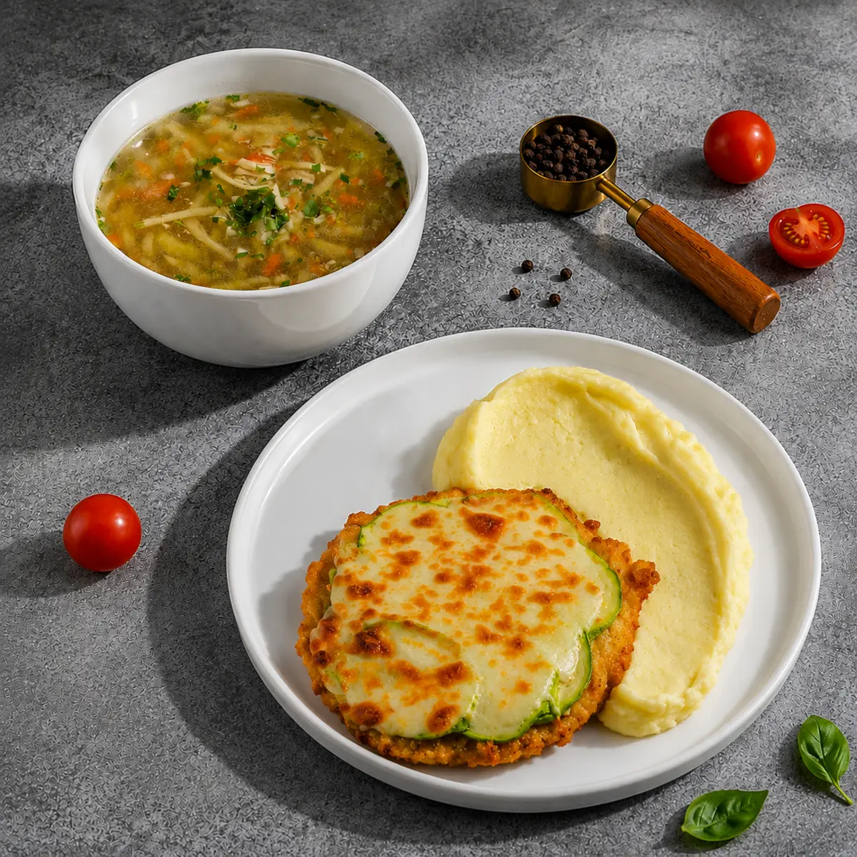 Суп-лапша, отбивная с кабачками, картофельное пюре 