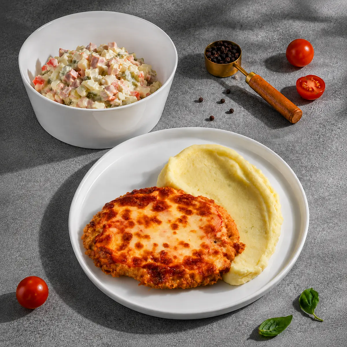 Оливье, мясо по-французски, картофельное пюре
