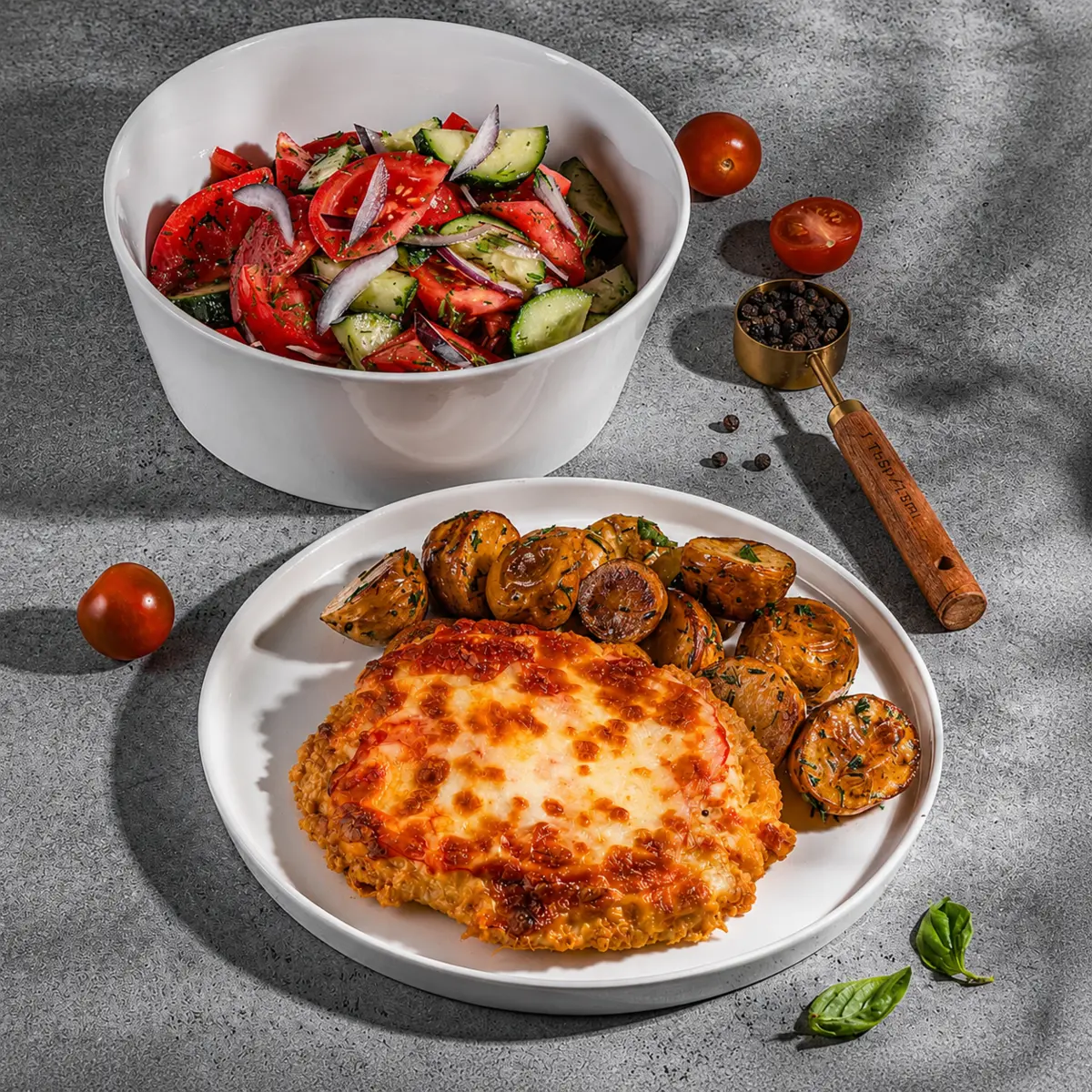 Мясо по-французски, молодой картофель и салат из свежих овощей