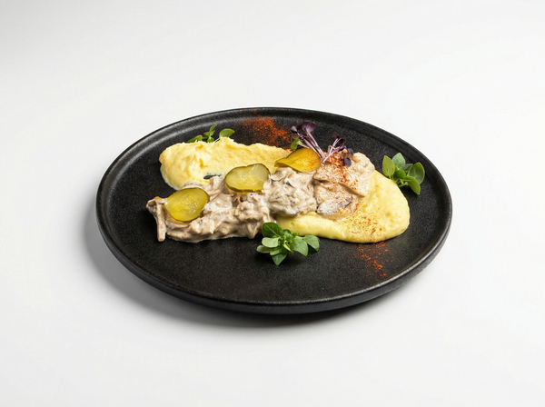 Бефстроганов из говядины с грибами и картофельным пюре