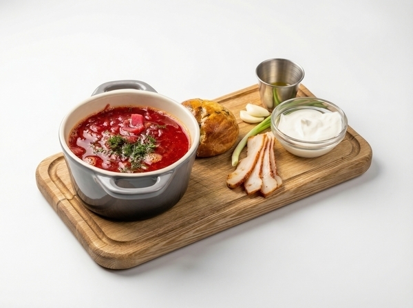 Борщ с мясом оленя и печеными овощами