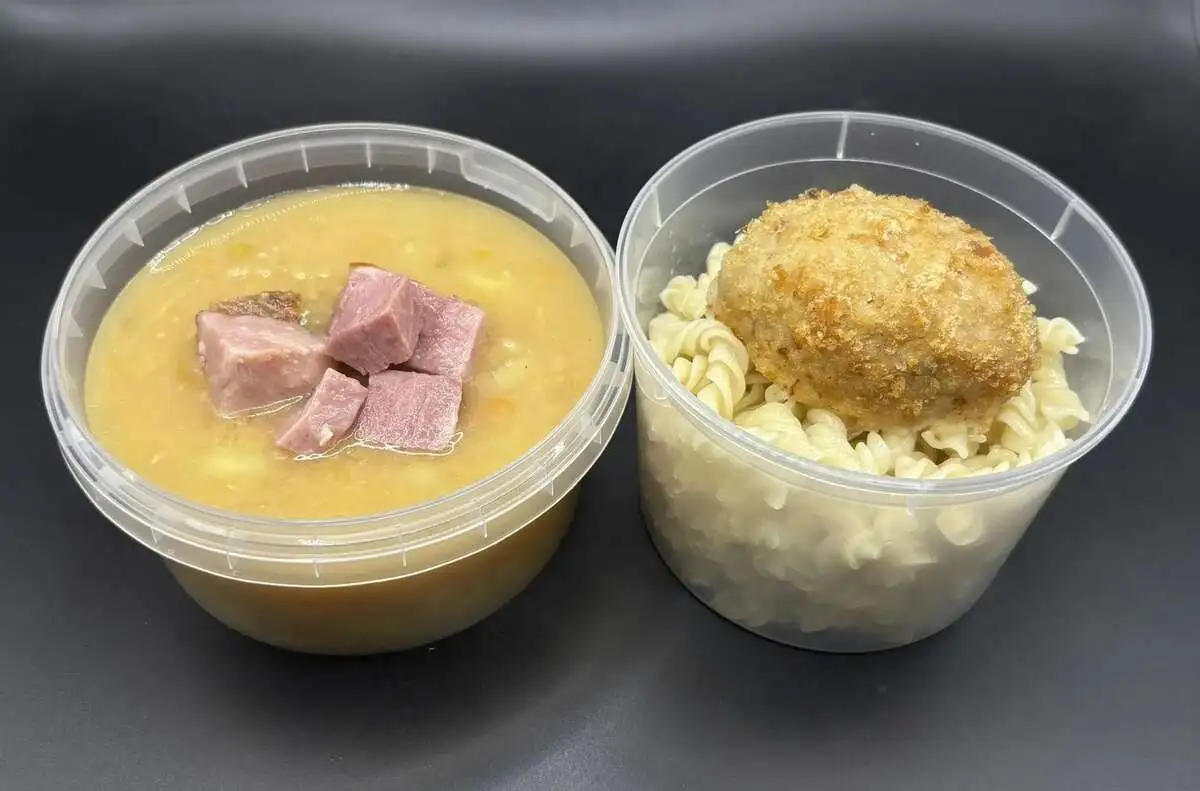 2 Мясной: Гороховый с копчёностями, Котлета домашняя с макаронами