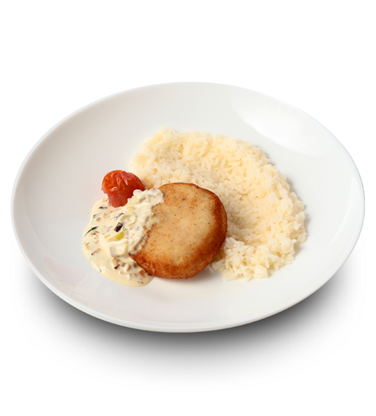 Куриная котлета с рисом под грибным соусом 