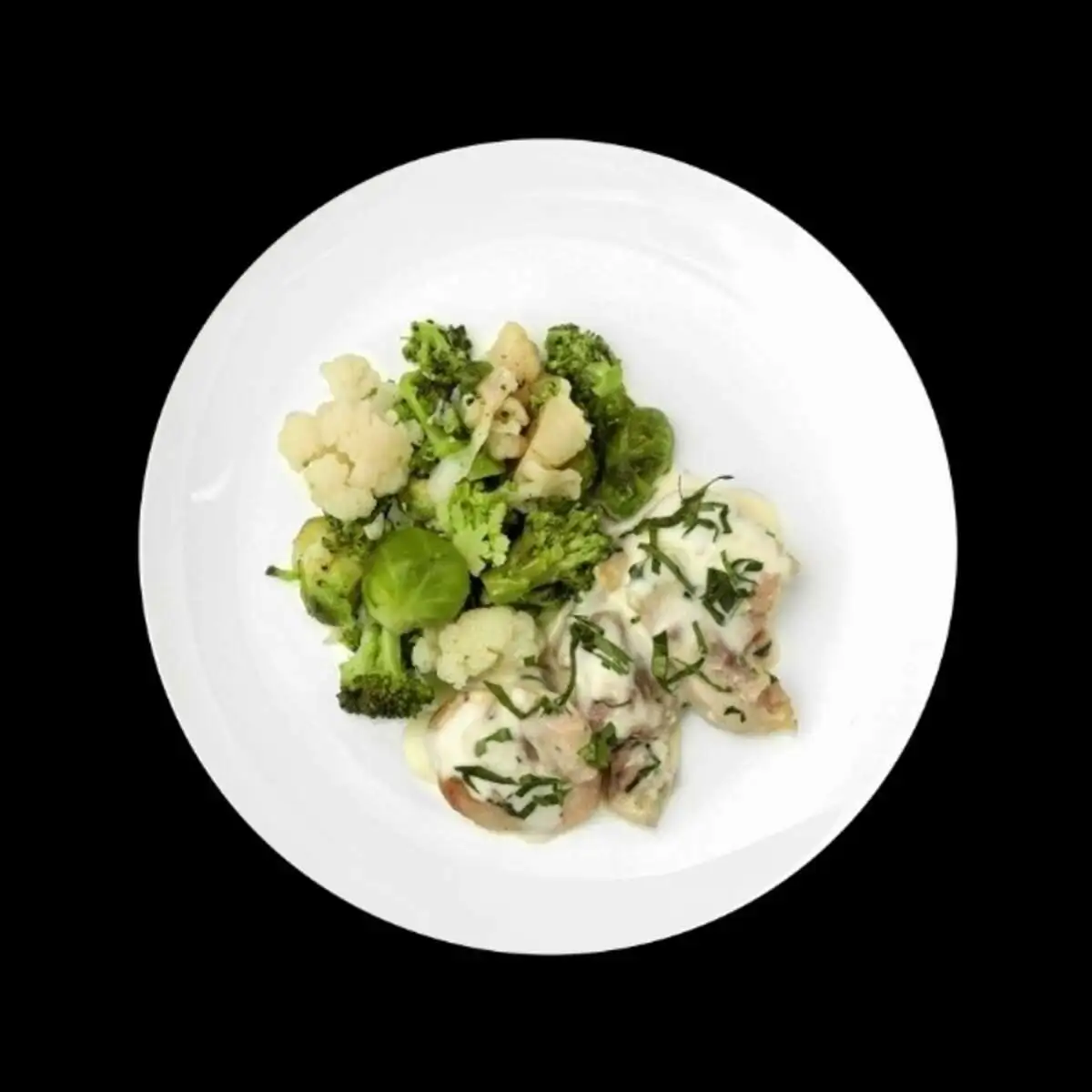Цыпленок с брокколи, брюссельской и цветной капустой