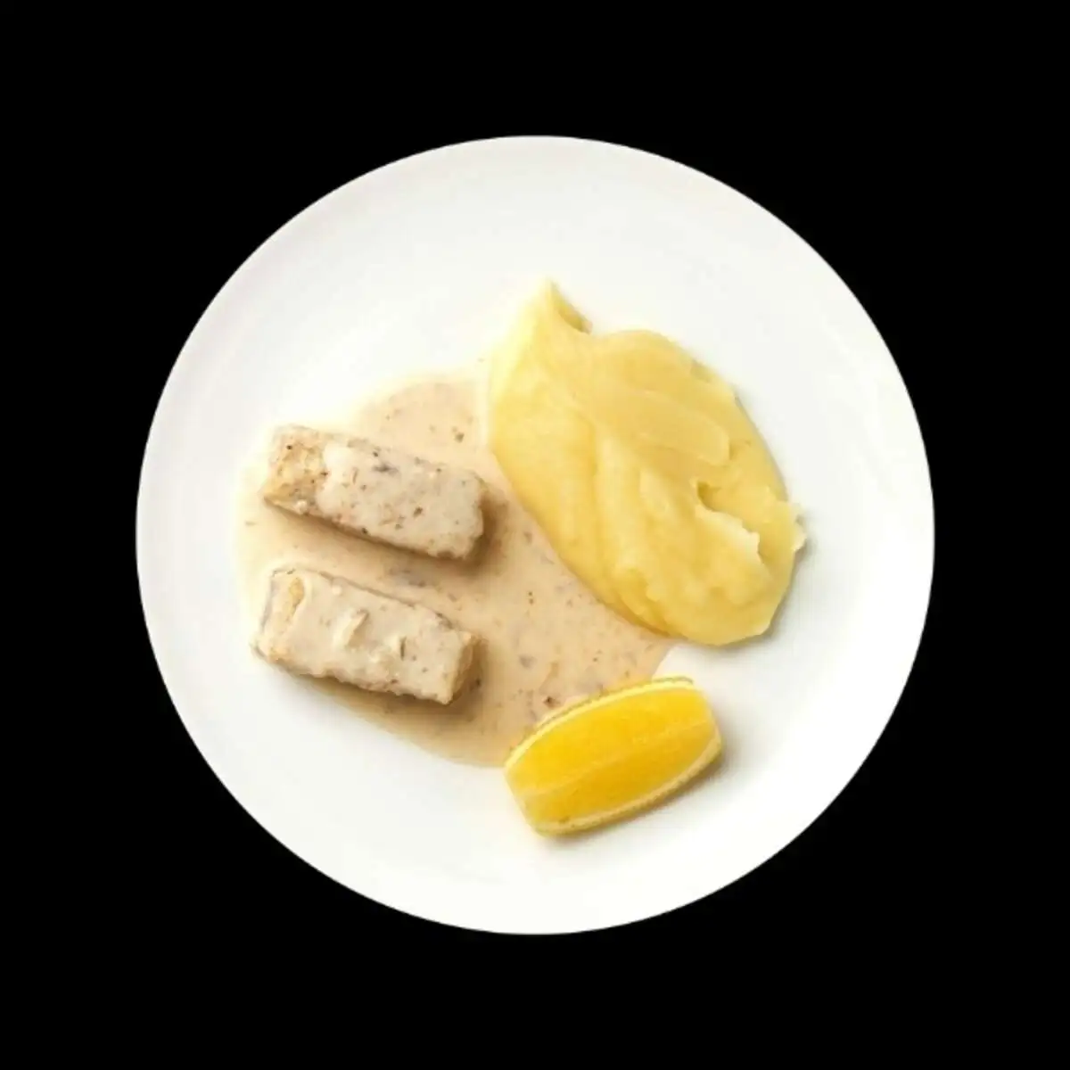 Филе белой рыбы, запеченное в соусе мисо, с копчеными сливками и картофельным пюре