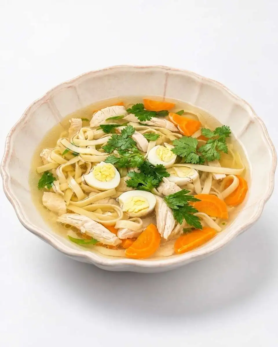 Куриный суп с домашней лапшой и перепелиным яйцом