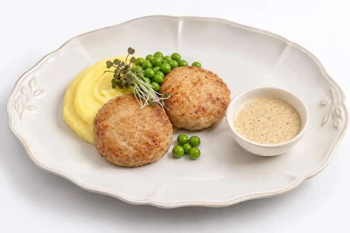 Котлеты из индейки с зелёным горошком и картофельным пюре