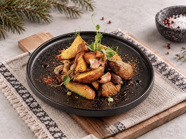 Картофель жареный с лисичками и беконом