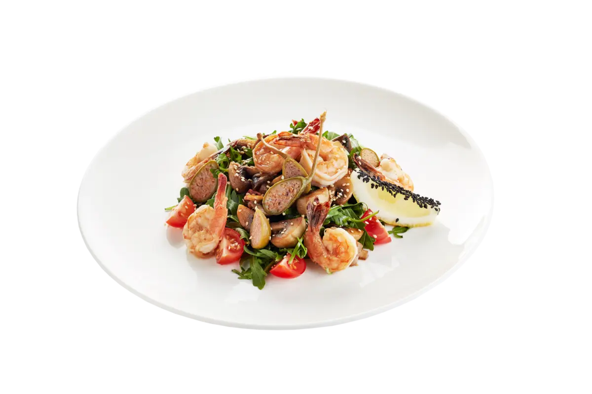 Салат с рукколой с тигр креветками